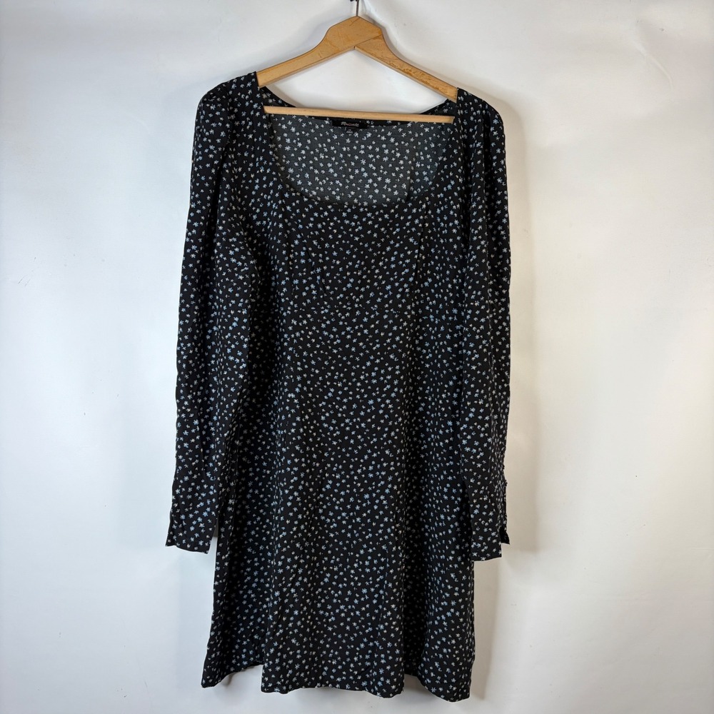 Madewell Dress Women 16 Black Floral Square Neck Long Sleeve Mini Side Zip